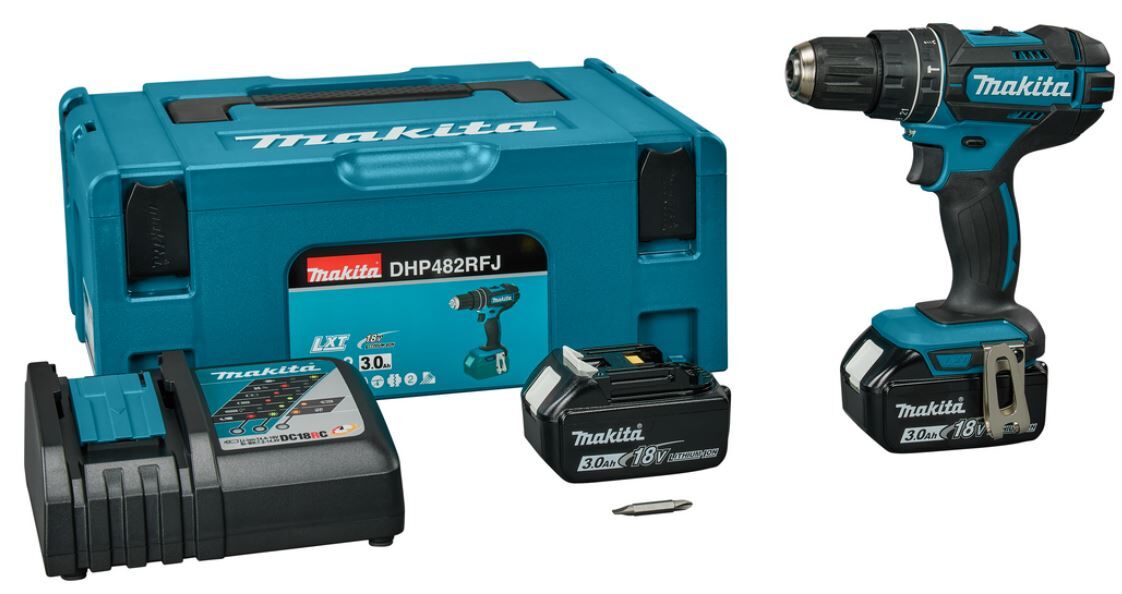 KLOPBOOR/SCHROEFMACH. MAKITA DHP482RFJ 18V 2X3,0AH ACCU+LADER + ACC IN MBOX2