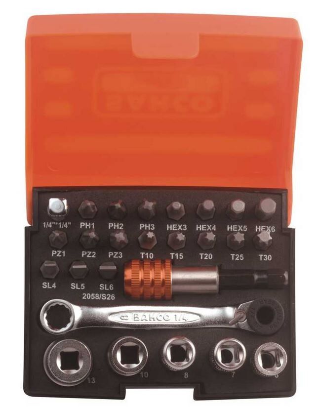 BIT- DOPPENSET BAHCO 26-DELIG BITHOUDER RATEL ADAPTER BITS SL-PZ-PH-TX