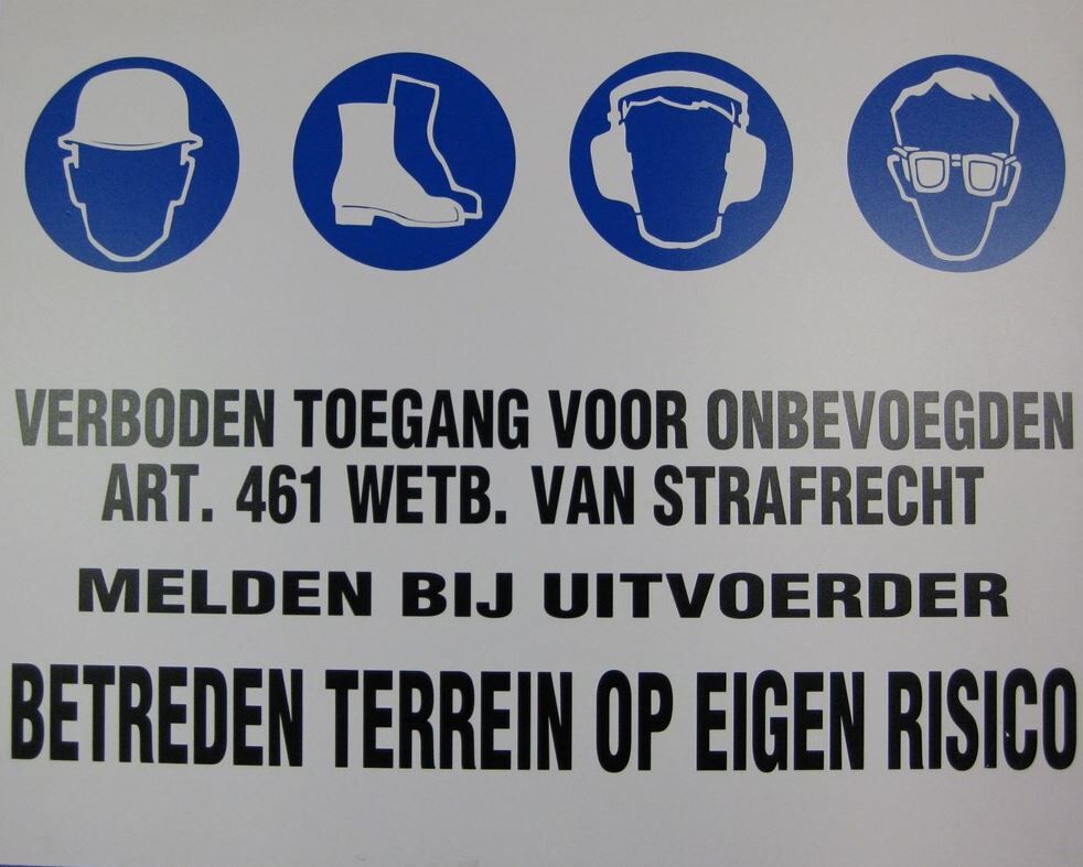 TEKST- SYMBOLENBORD BOUWPLAATS PVC WIT BLAUW/ZWART 750X600X4MM