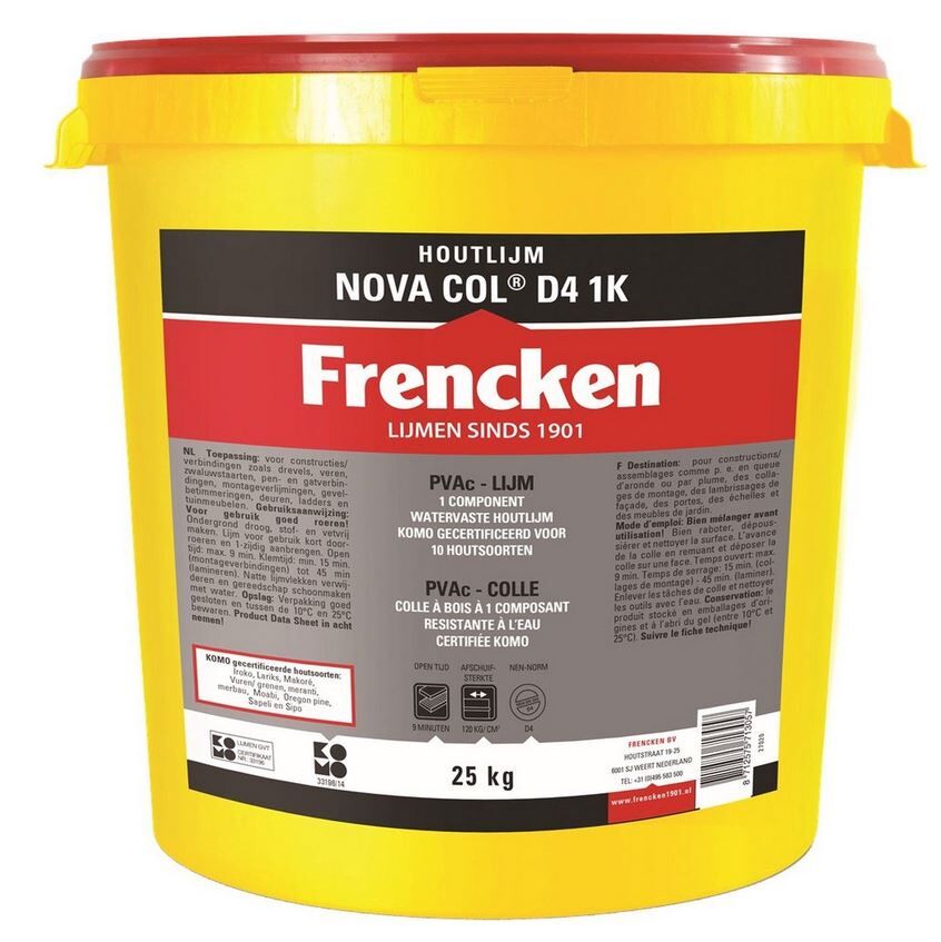 HOUTLIJM FRENCKEN NOVACOL D4 WATERVAST EMMER 25KG 1 KOMPONENT KOMO